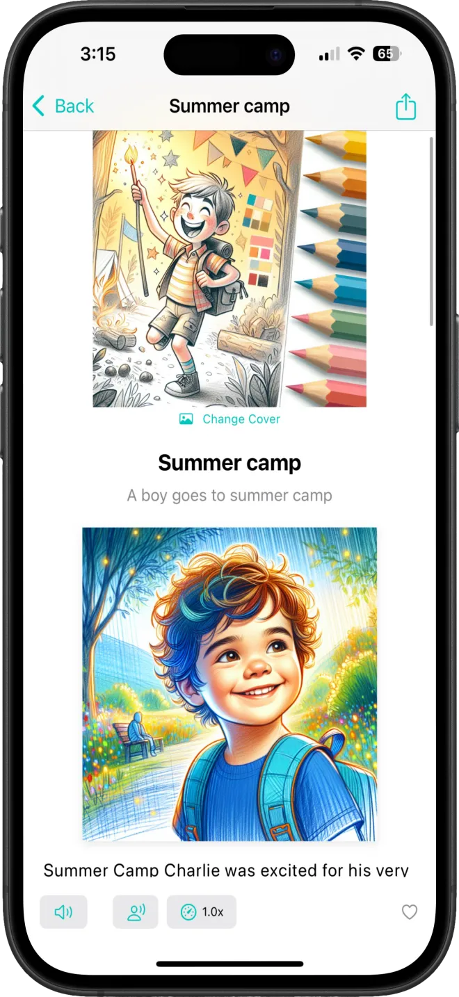A Once Upon AI story called Summer camp, with an illustrated cover and a smiling boy carrying a backpack